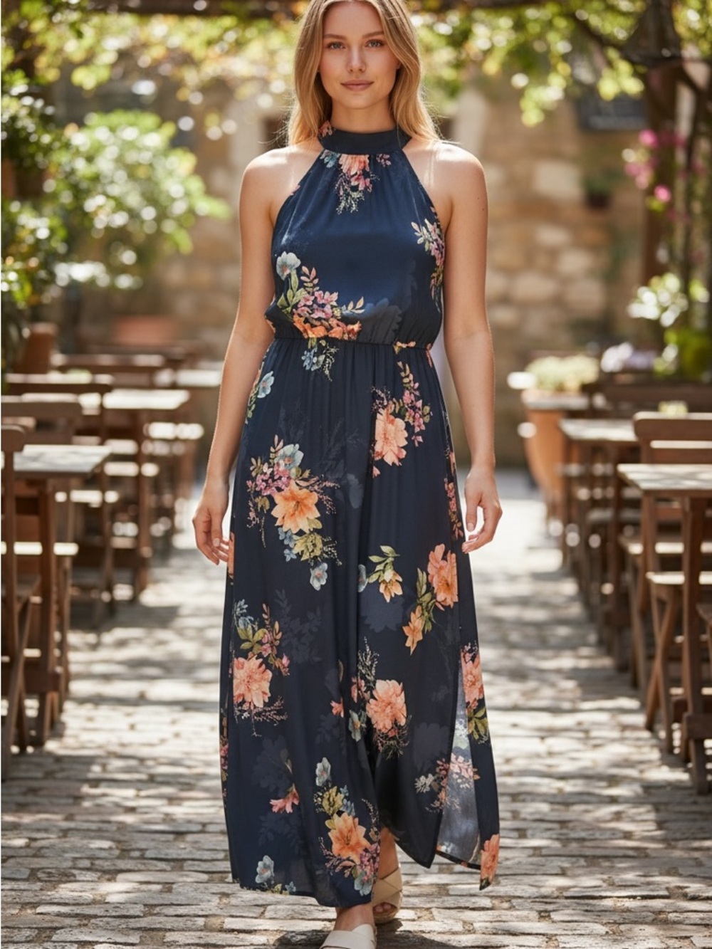 Navy Floral Halter Maxi Dress